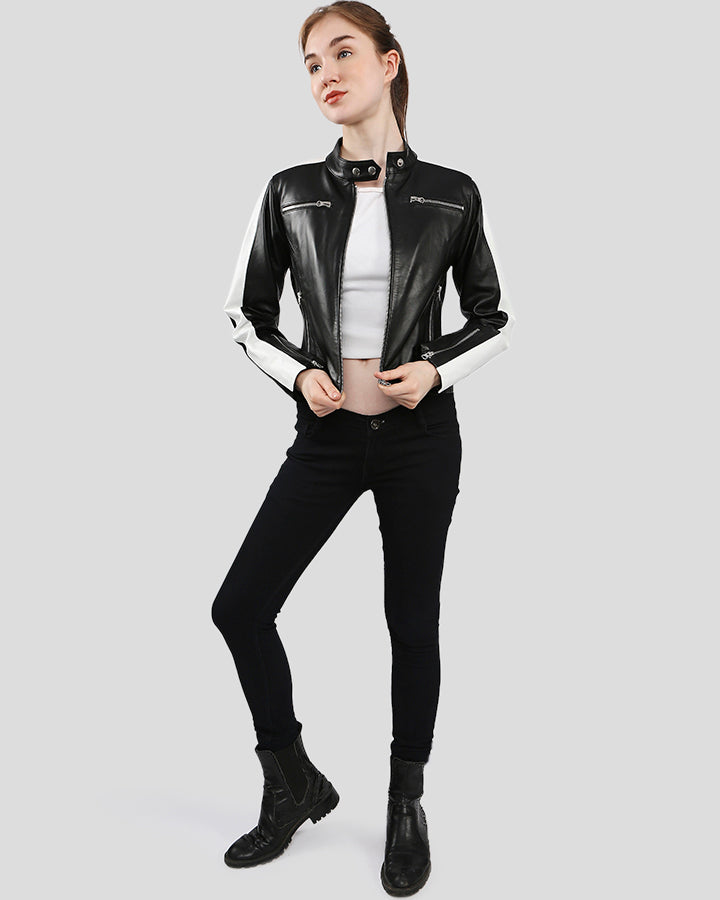 New Women Michel Black & White Racer Leather Jackets