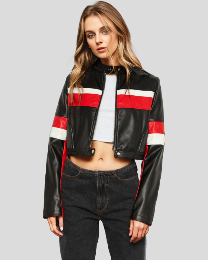 New Women  Urban Crop Black Leather Jacket with Patch Pockets 1 Urban Crop Black Leather Jacket with Patch Pockets 2 Velocity Racer Black Crop Moto Leather Jacket With Red And White Stripes