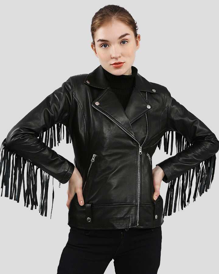 New Women Kiana Black Biker Fringes Leather Jacket