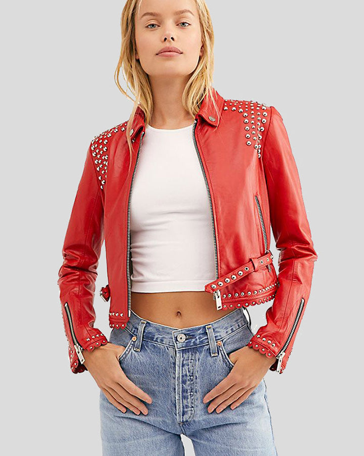 New Women Fiadh Red Studded Leather Jacket