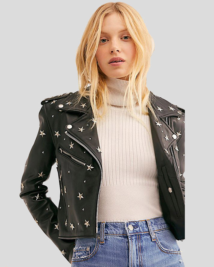 New Women Eva Black Studded Leather Jacket